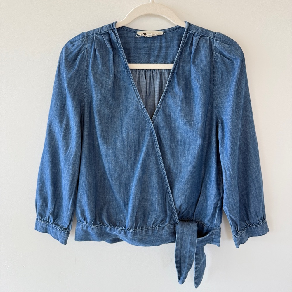 Madewell Denim Wrap Top Womens XS | Indigo Blue Cotton Lyocell Blouse - Picture 2 of 6